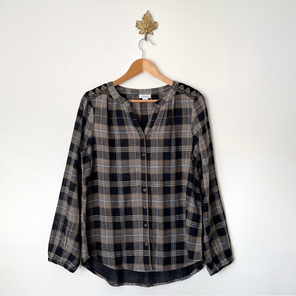 Sundance Plaid button down blouse size Medium gauze fabric